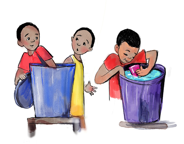 Drawing of boys playing in water container and drinking.