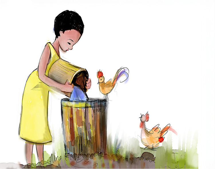 Woman pouring water into a dirty barrel.