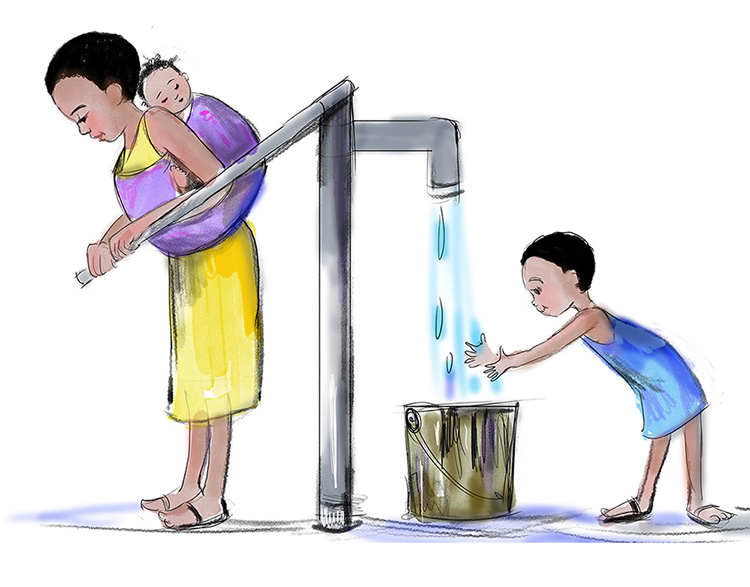 Drawing, woman pumping water. Boy with hands in water.