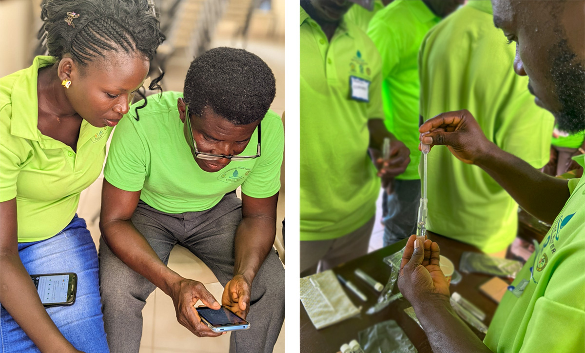 SWEs. Two people checking cell phone app. A man practices testing water sample.