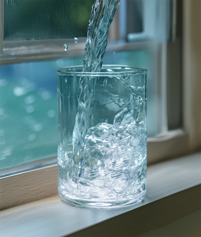 A glass of clean water sitting in a window sill.